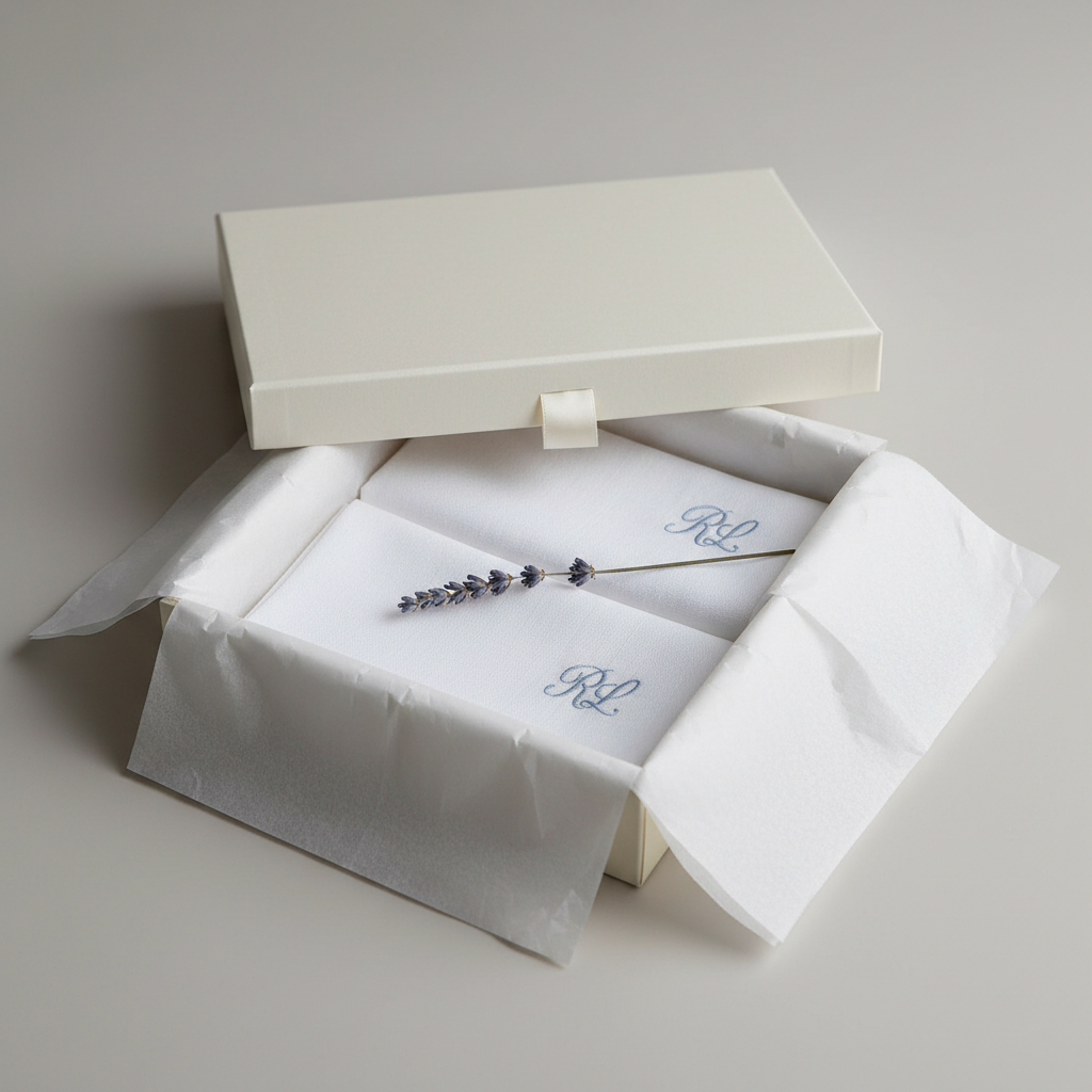 Open gift box with tissue paper folded back, monogrammed handkerchiefs with embroidered initials nestled inside alongside a lavender sprig