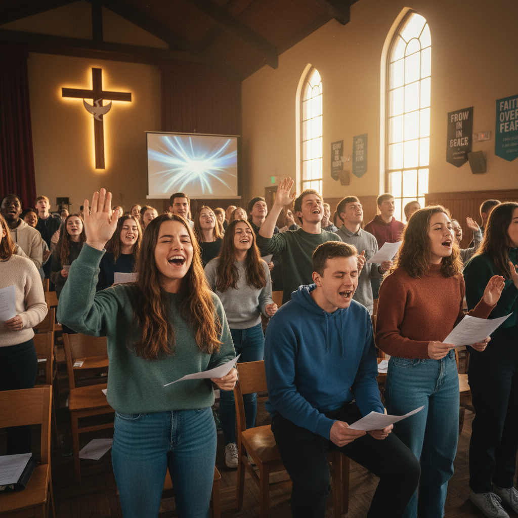 Children raising hands in joyful worship