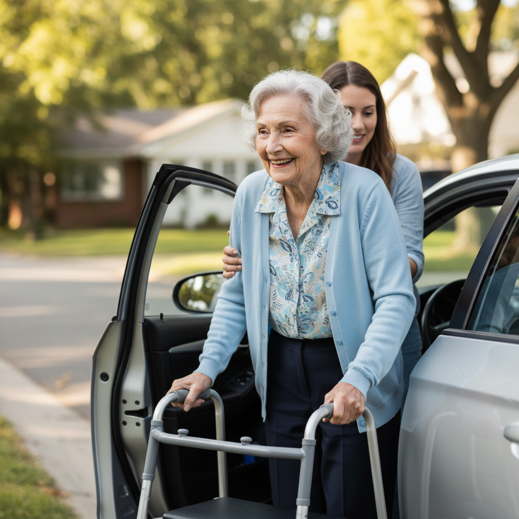 Smiling senior woman with folding walker being helped into vehicle