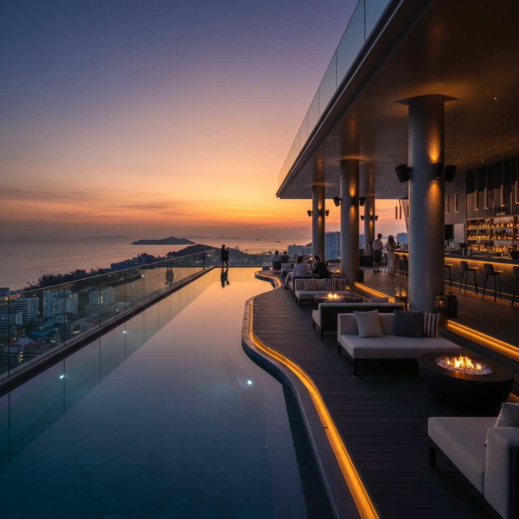Luxury Da Nang penthouse terrace at dusk, panoramic city lights, dark atmospheric setting with deep shadows
