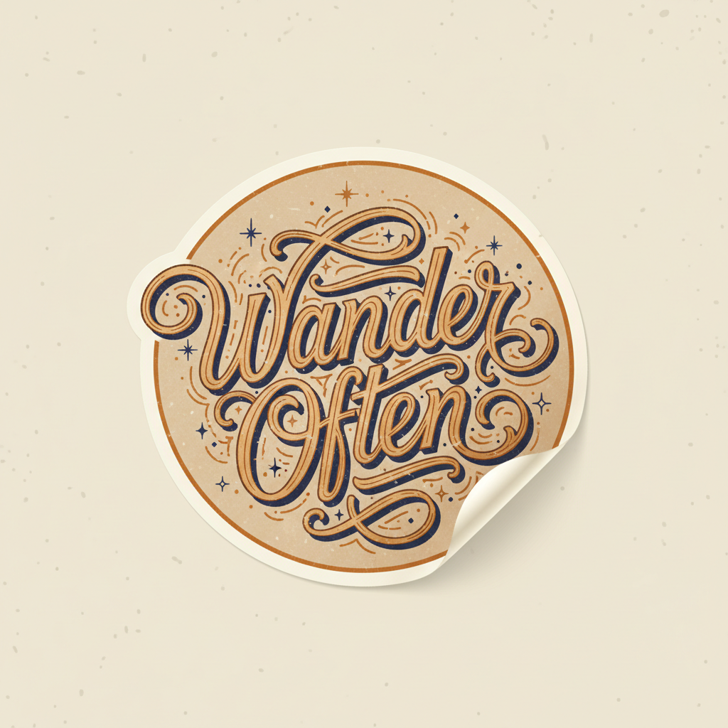 Vintage hand-lettered "Wander Often" typographic print in warm amber and navy