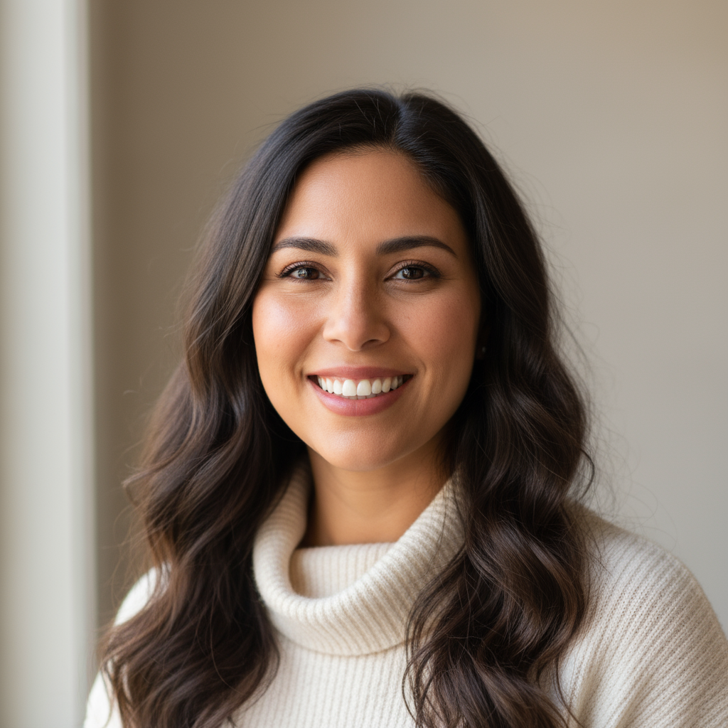 Professional portrait of Hispanic woman with long dark hair in white blazer smiling confidently
