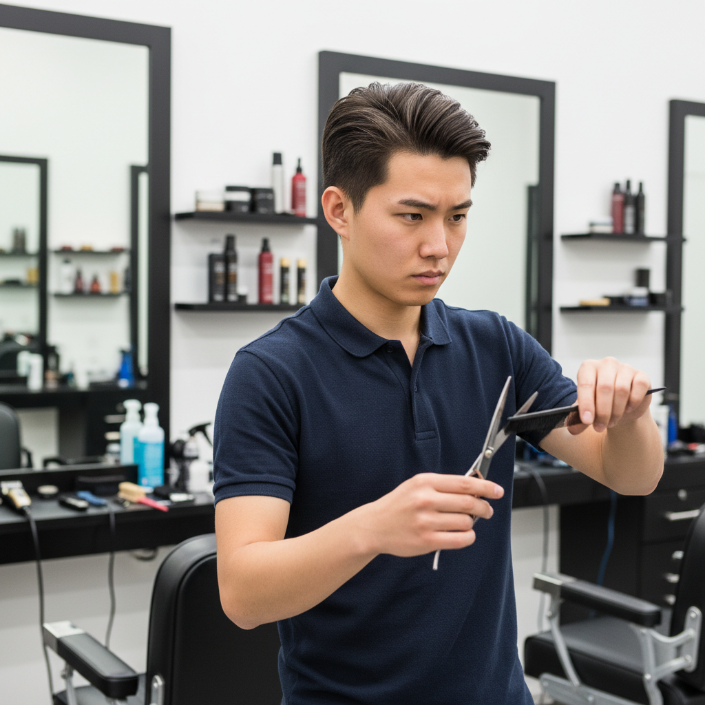 Young Korean barber with swept hair in a black shop shirt