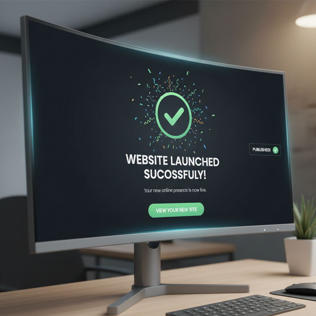 Person celebrating successful project launch at computer with bright screen showing completed website, modern bright office