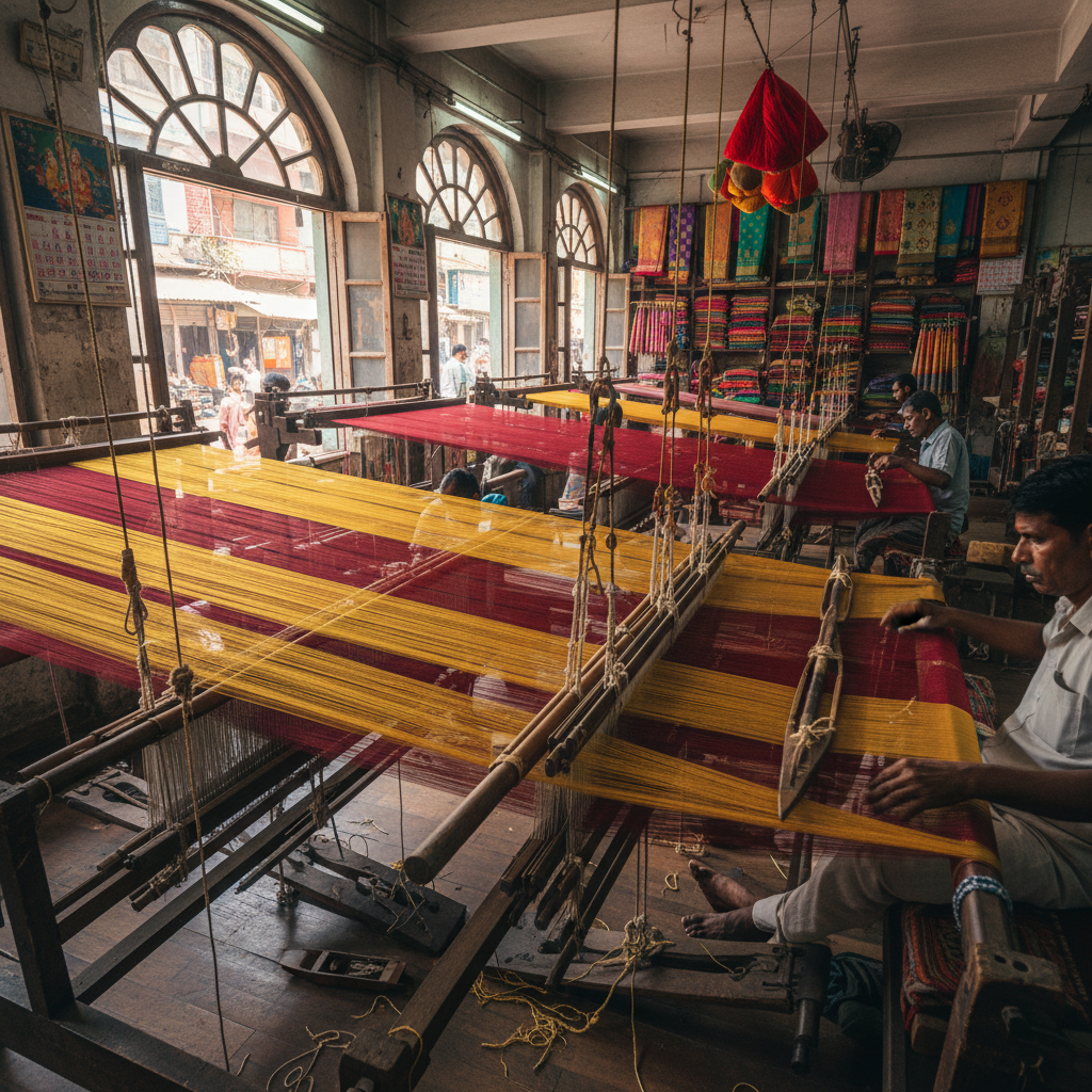 Wide view of a traditional Banarasi loom workshop in Varanasi with silk threads stretched across the frame