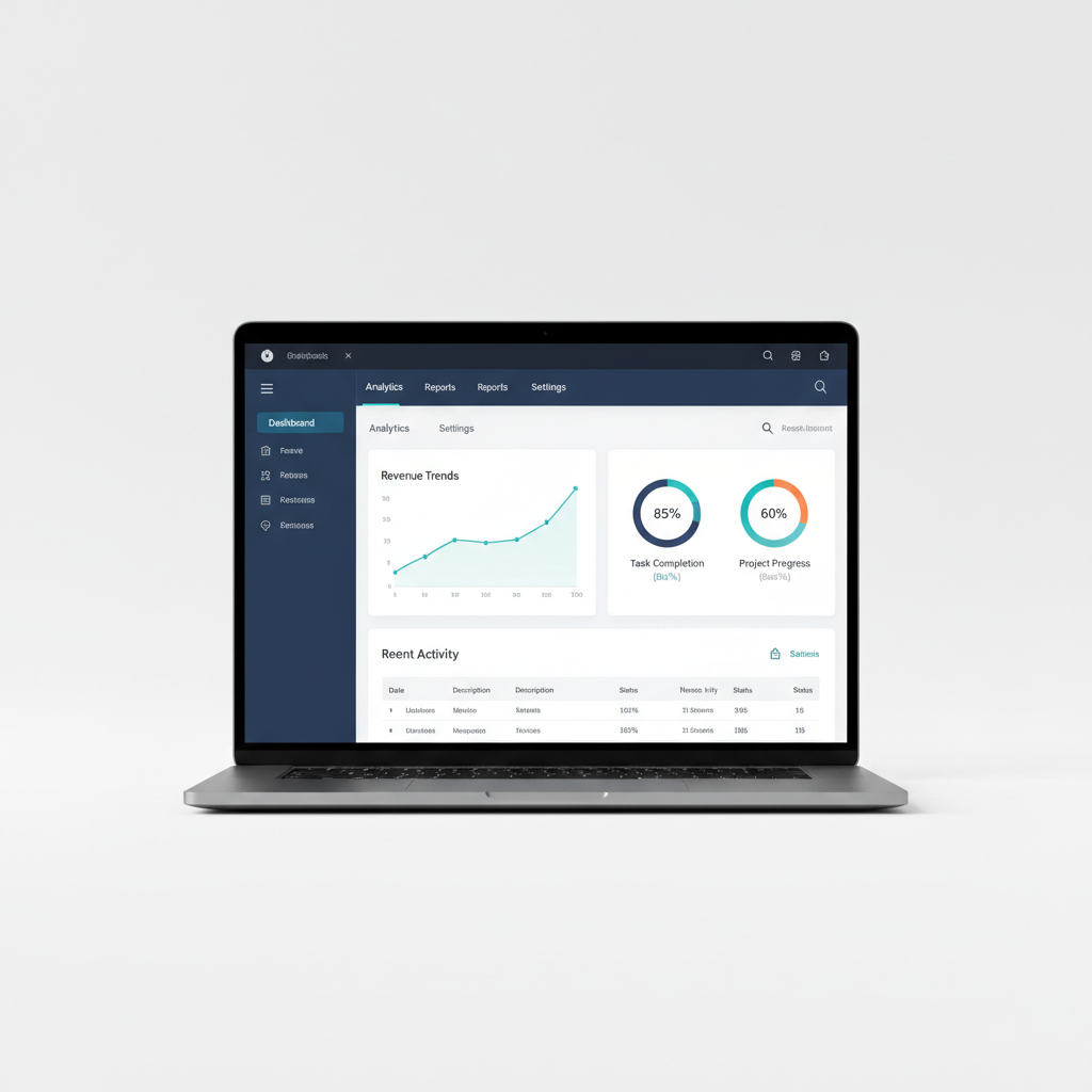 Revenue growth analytics dashboard on laptop screen in bright modern office, white background, daylight