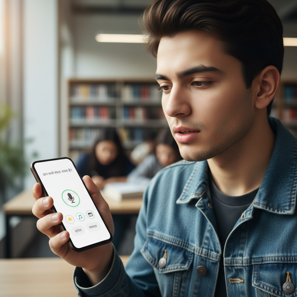 Student speaking voice command to smartphone showing Indian language interface options