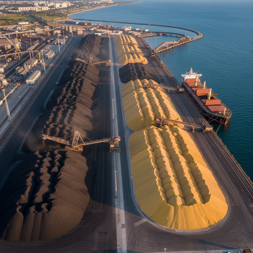 Aerial view of bulk commodity stockpiles arranged in rows at a deep-water terminal, showing coal and grain storage areas with stacker-reclaimer equipment