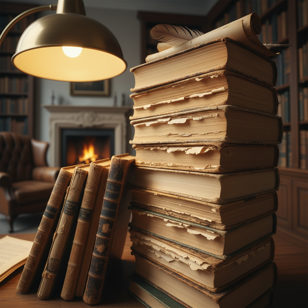 Stack of vintage hardcover books with worn spines in warm library lighting, moody amber glow