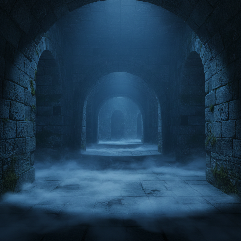 Dark labyrinth corridor with eerie blue lighting and fog rolling across the floor