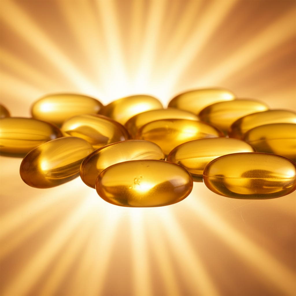 Gélules jaunes de vitamine D sur fond blanc lumineux avec capsules transparentes bien éclairées
