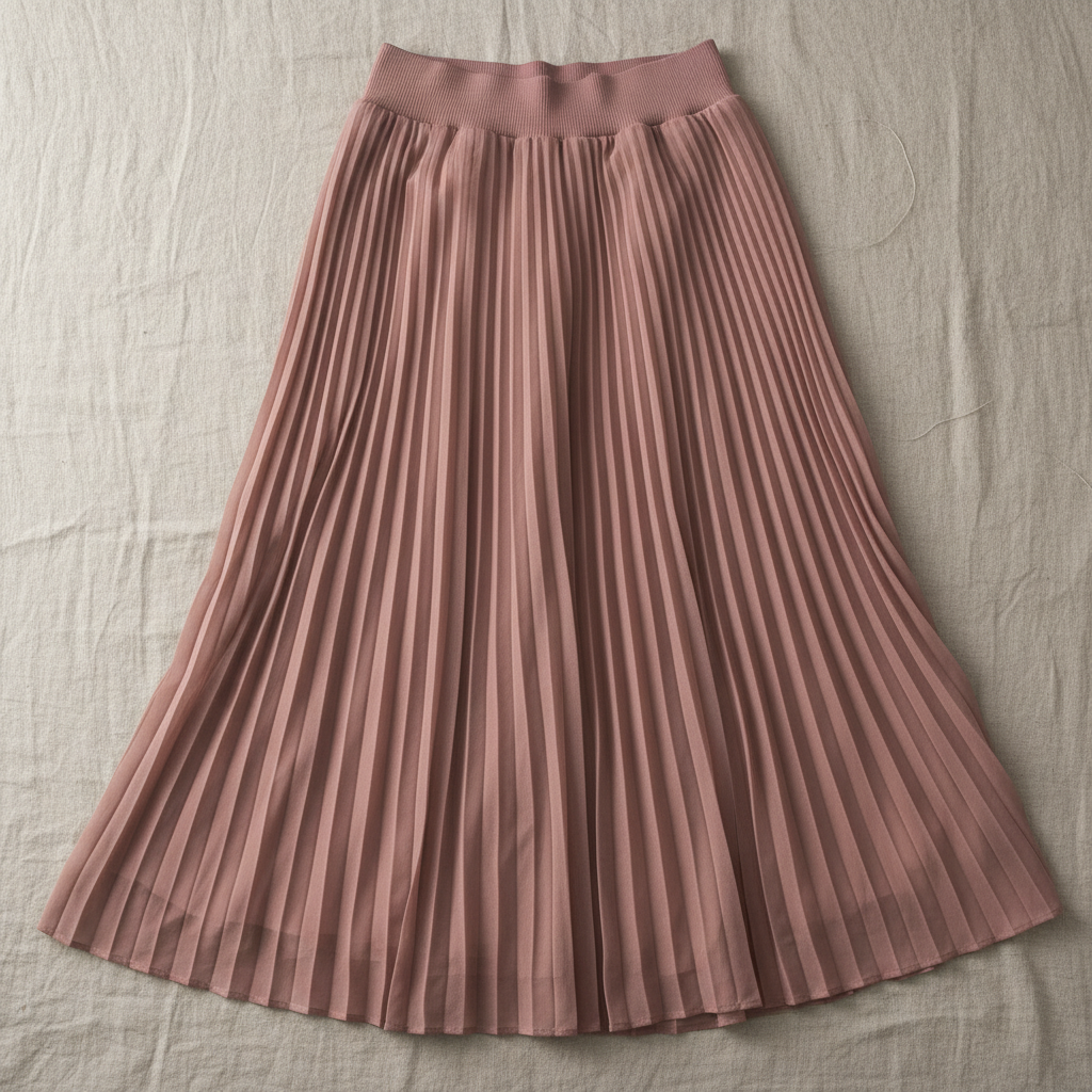 Saia midi plissada de satin rosê com elástico, feminina e elegante em fundo claro