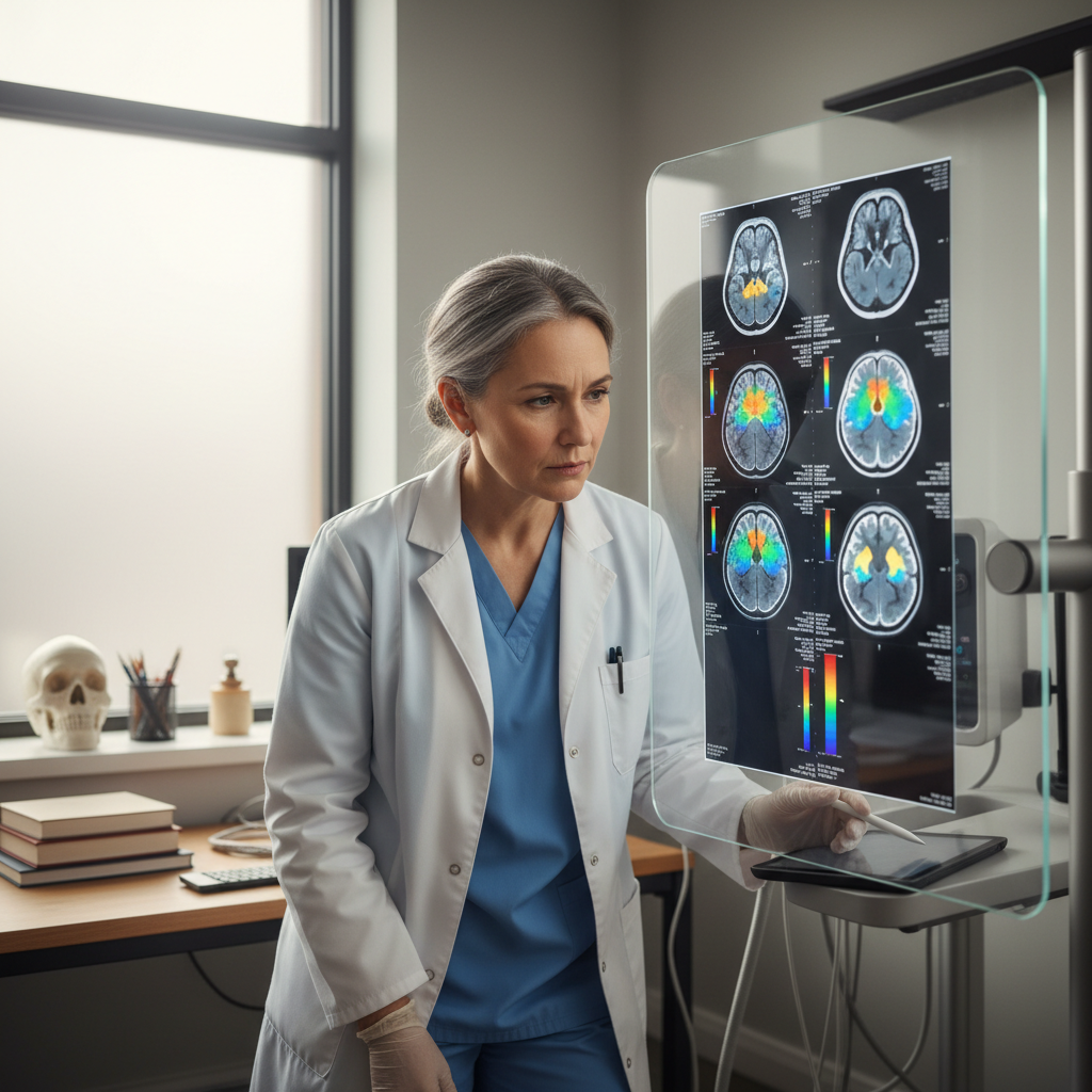 Medical professional examining digital brain scan on computer screen in modern hospital
