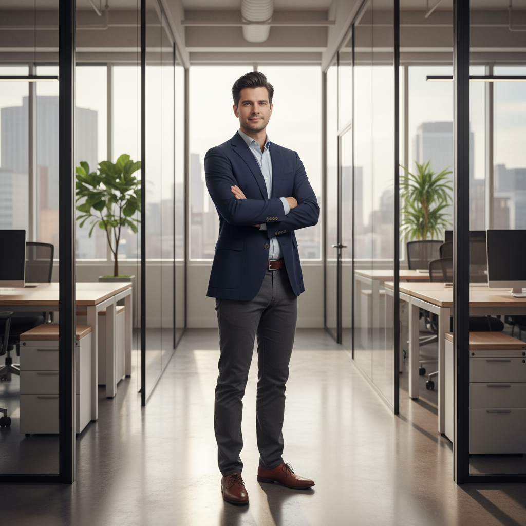 Professional man with dark hair in casual business setting bright background