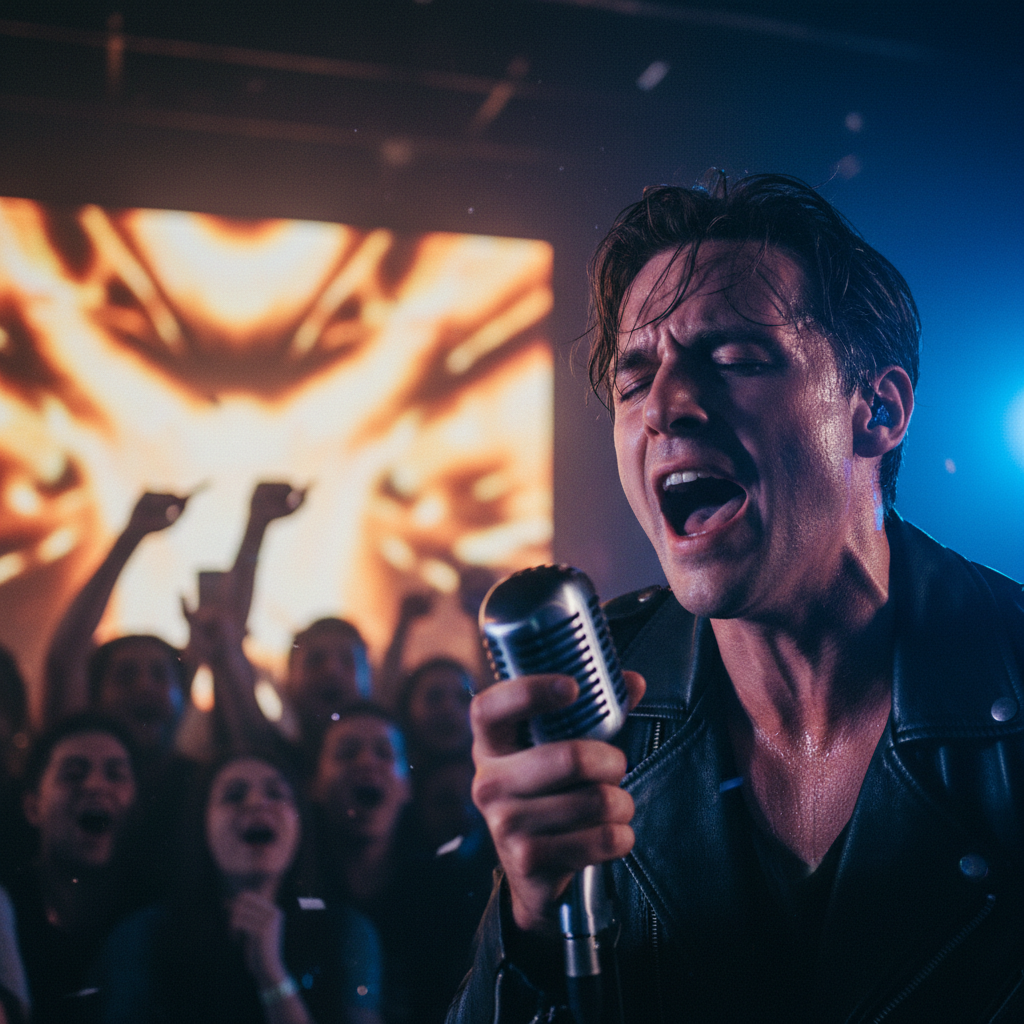 Vocalist on stage, microphone close, dramatic side lighting, crowd faces turned upward
