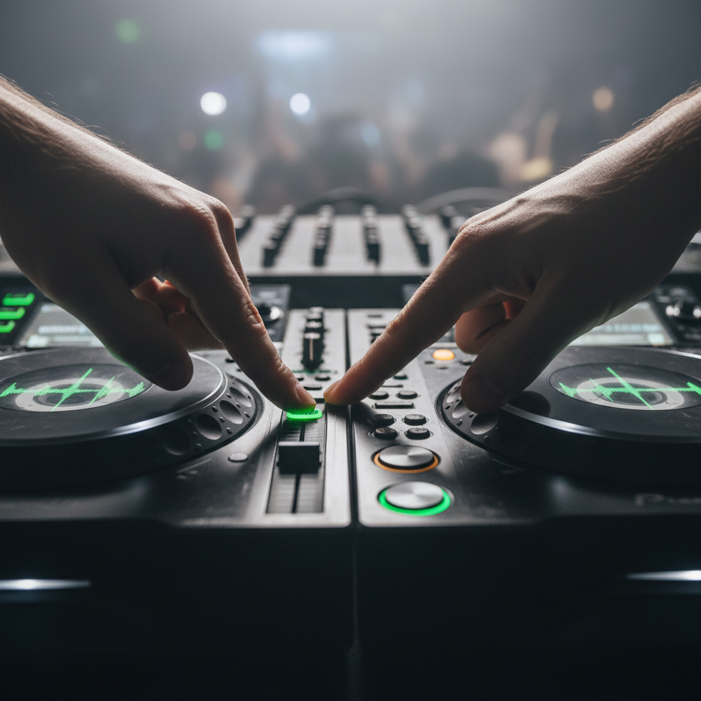 Close-up of hands on CDJ turntables, fingers on cue buttons, green waveforms visible on screen