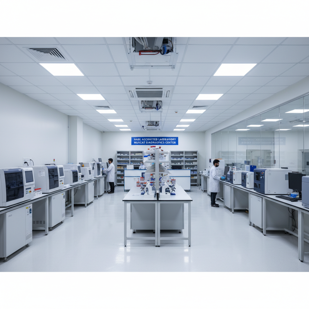 Muscat Diagnostics Center laboratory showing NABL accredited facility with modern diagnostic equipment and quality control systems