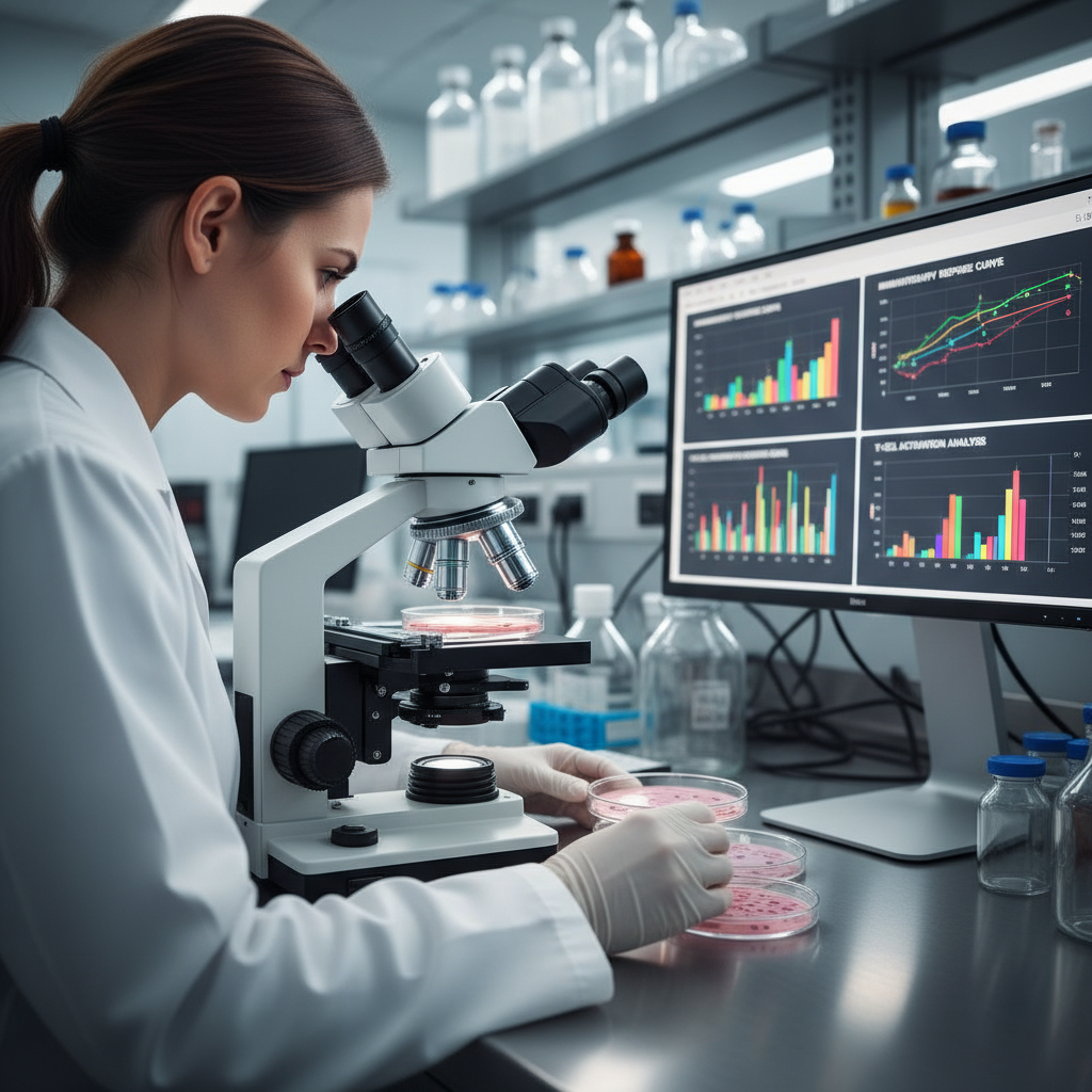 Oncology researcher examining clinical trial data on a laboratory workstation