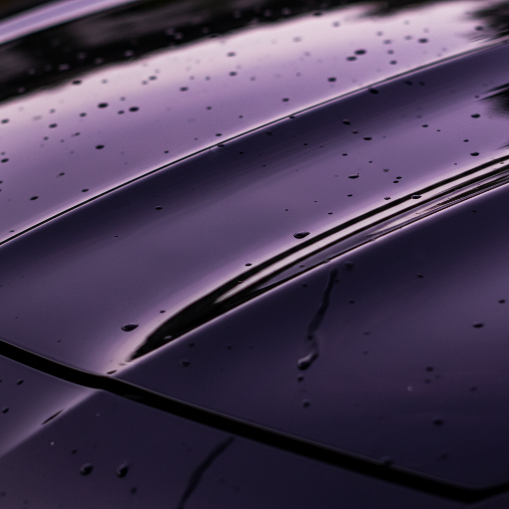 Freshly washed glossy black car paint close-up with violet reflections