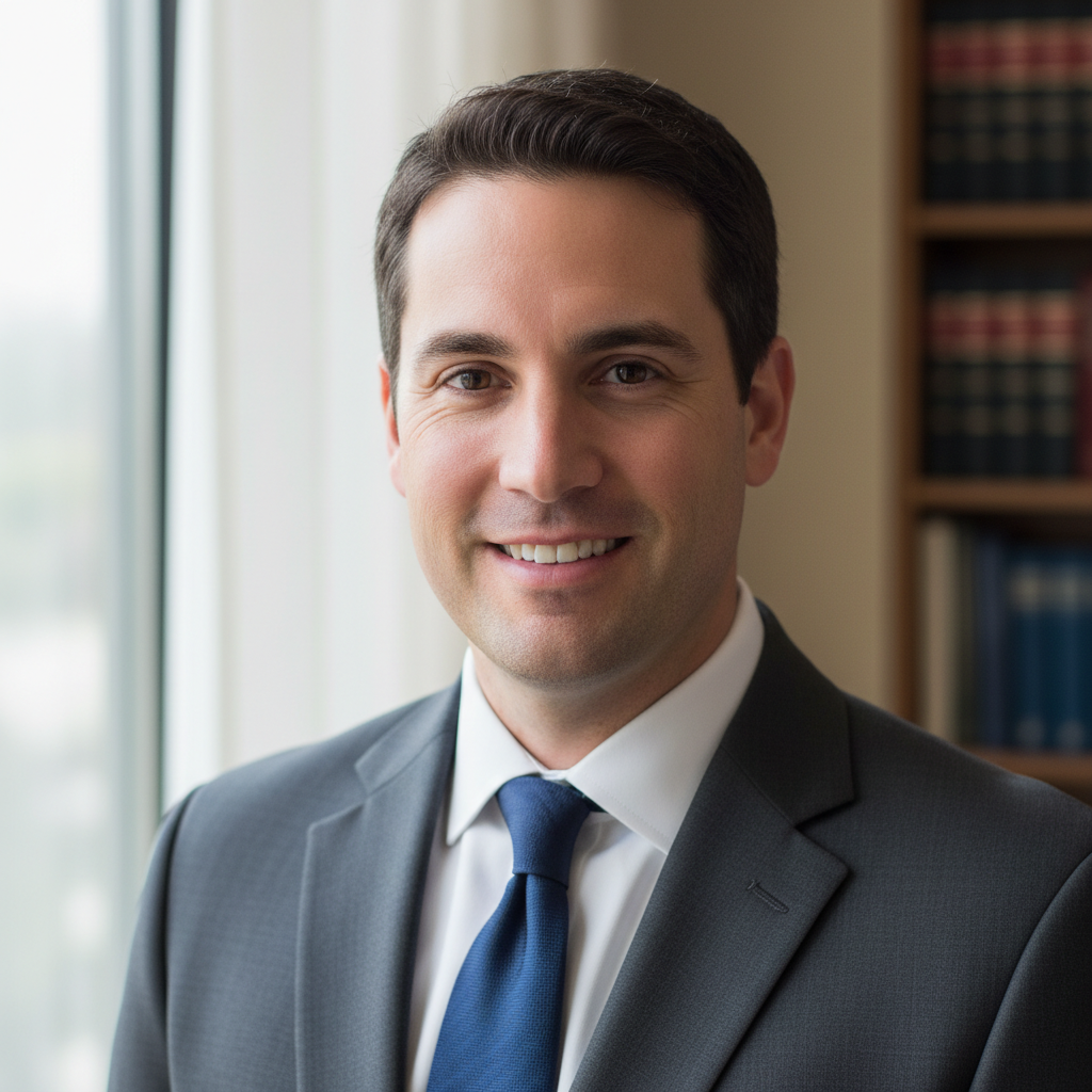 Professional male attorney in suit, bright office background, confident and approachable expression