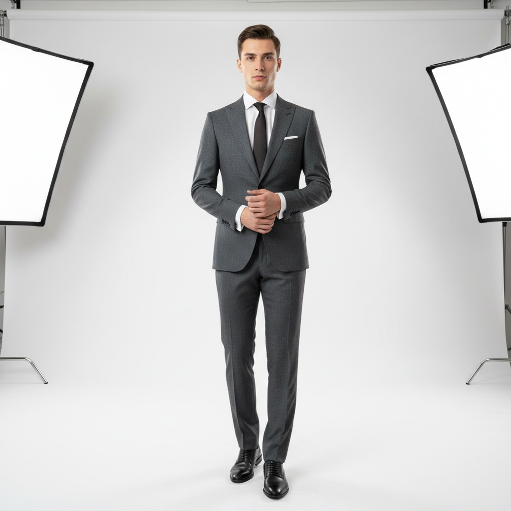 SLF Atelier Suit — impeccably tailored charcoal two-piece suit displayed on a male model in a white studio
