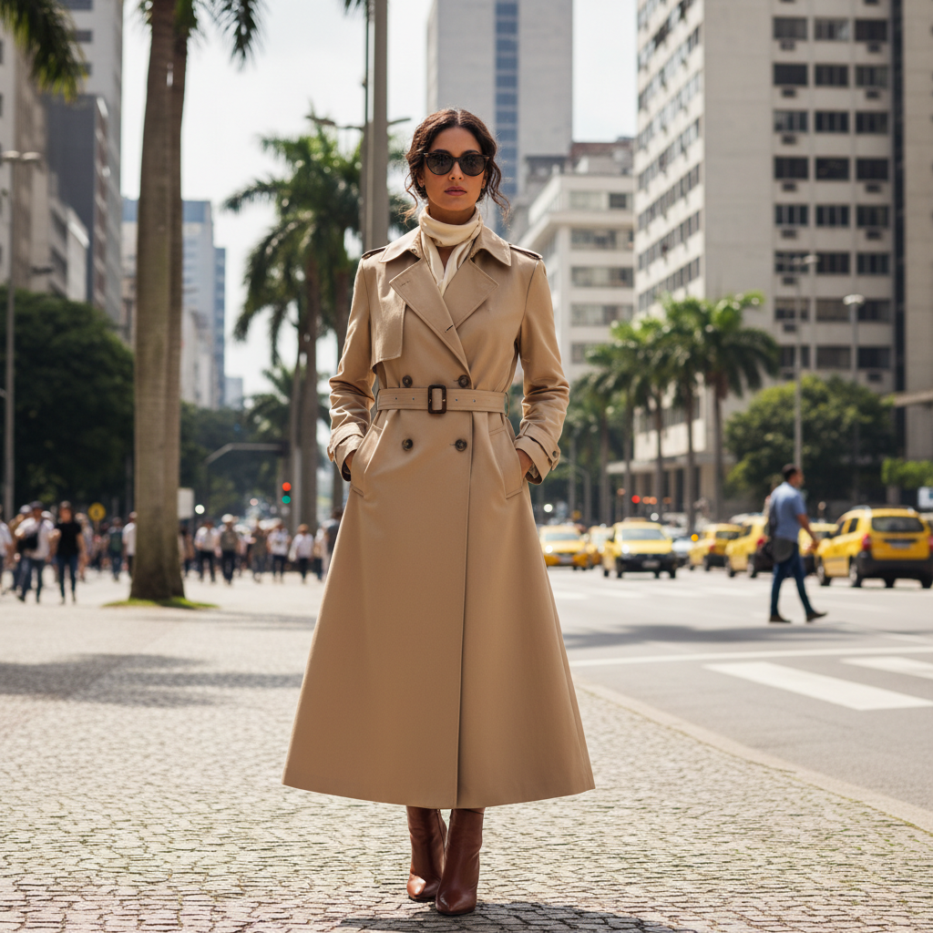 Classic beige trench coat on model, bright city street, overcast light