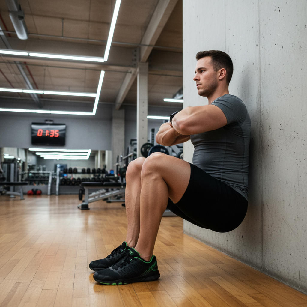 Person performing wall sit isometric exercise with proper form against white wall for blood pressure reduction