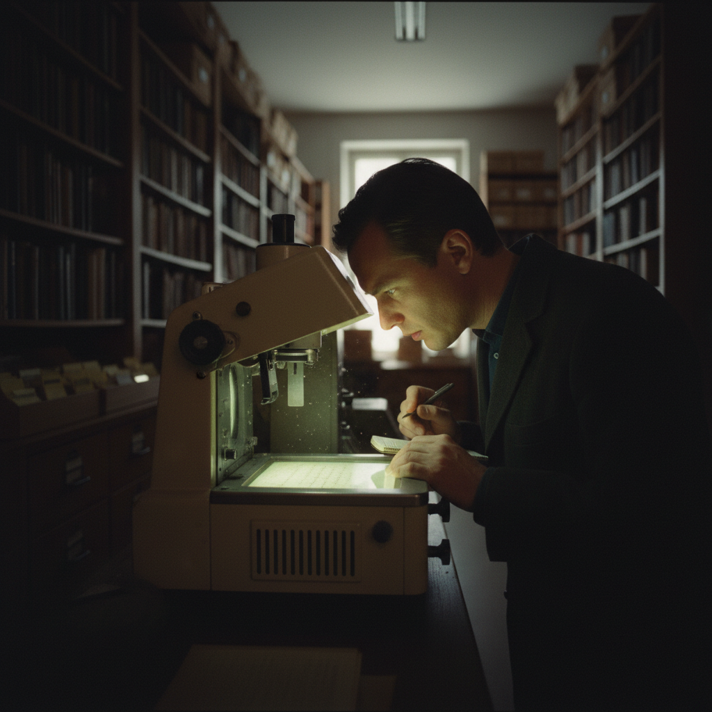 Person hunched over a microfilm reader in a dim archive room, the screen glowing with faded handwritten text