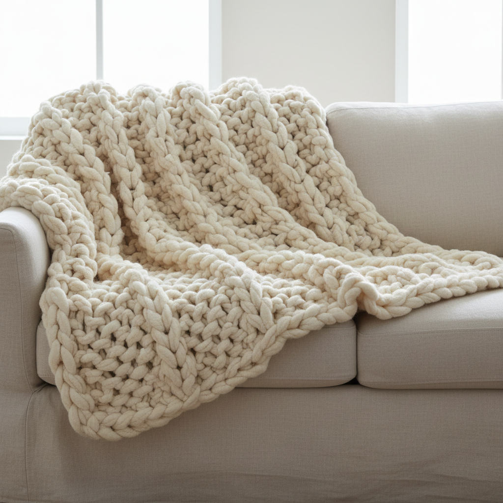 Chunky hand-woven wool throw blanket in cream tones