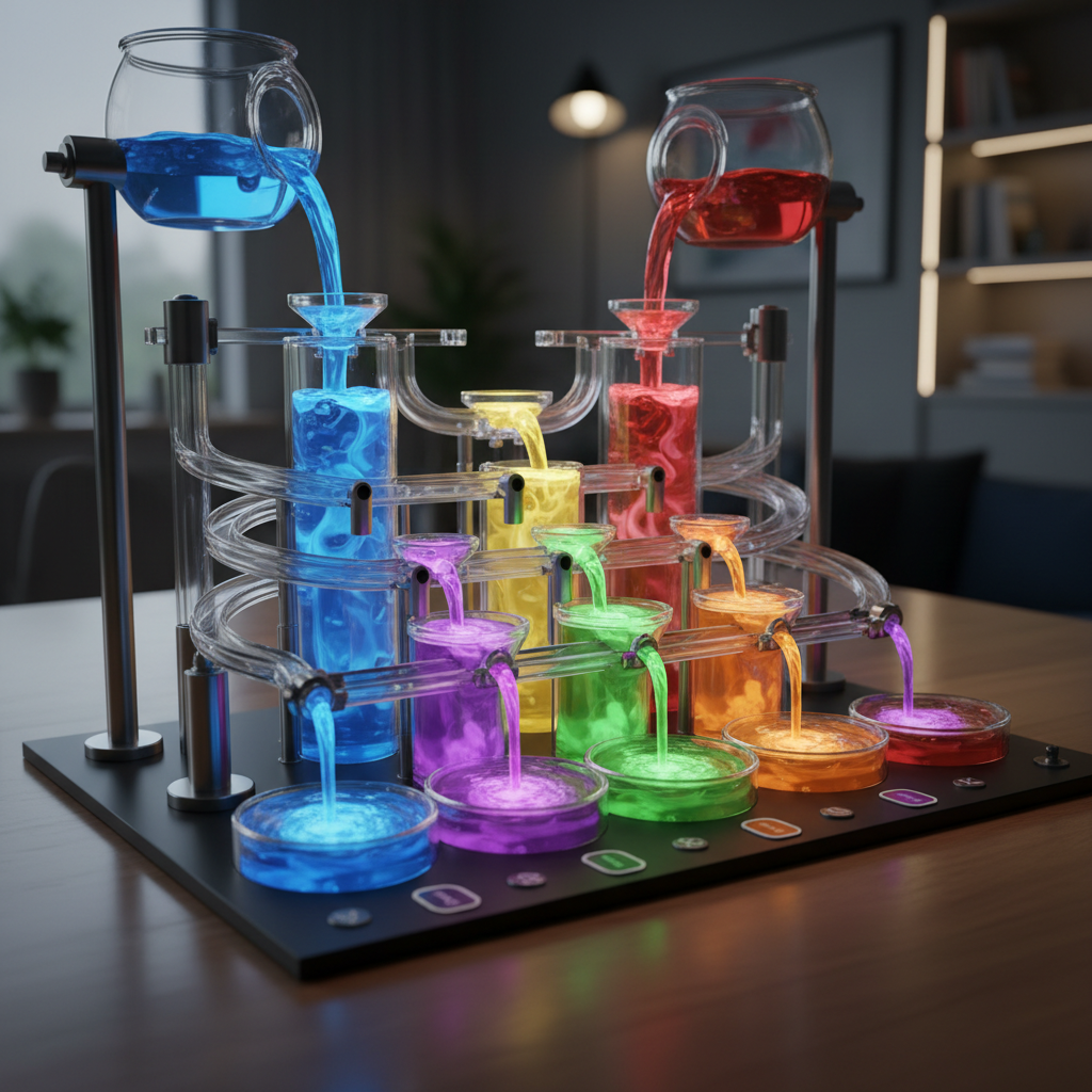 Waterfall puzzle game with fluid simulation and color-mixing mechanics
