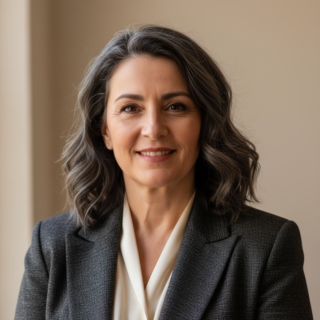 Albanian business owner, woman, smiling, professional headshot