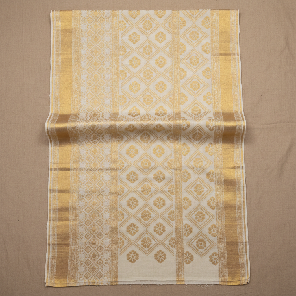 Kantha silk saree in gold and red — heritage piece with traditional hand-stitched kantha embroidery on pure silk