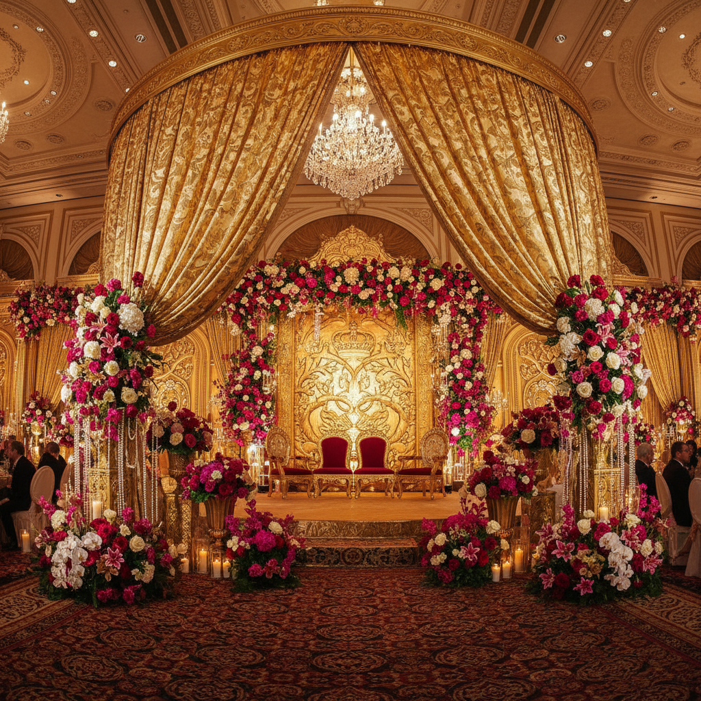 Royal wedding stage with golden draping and floral arrangements