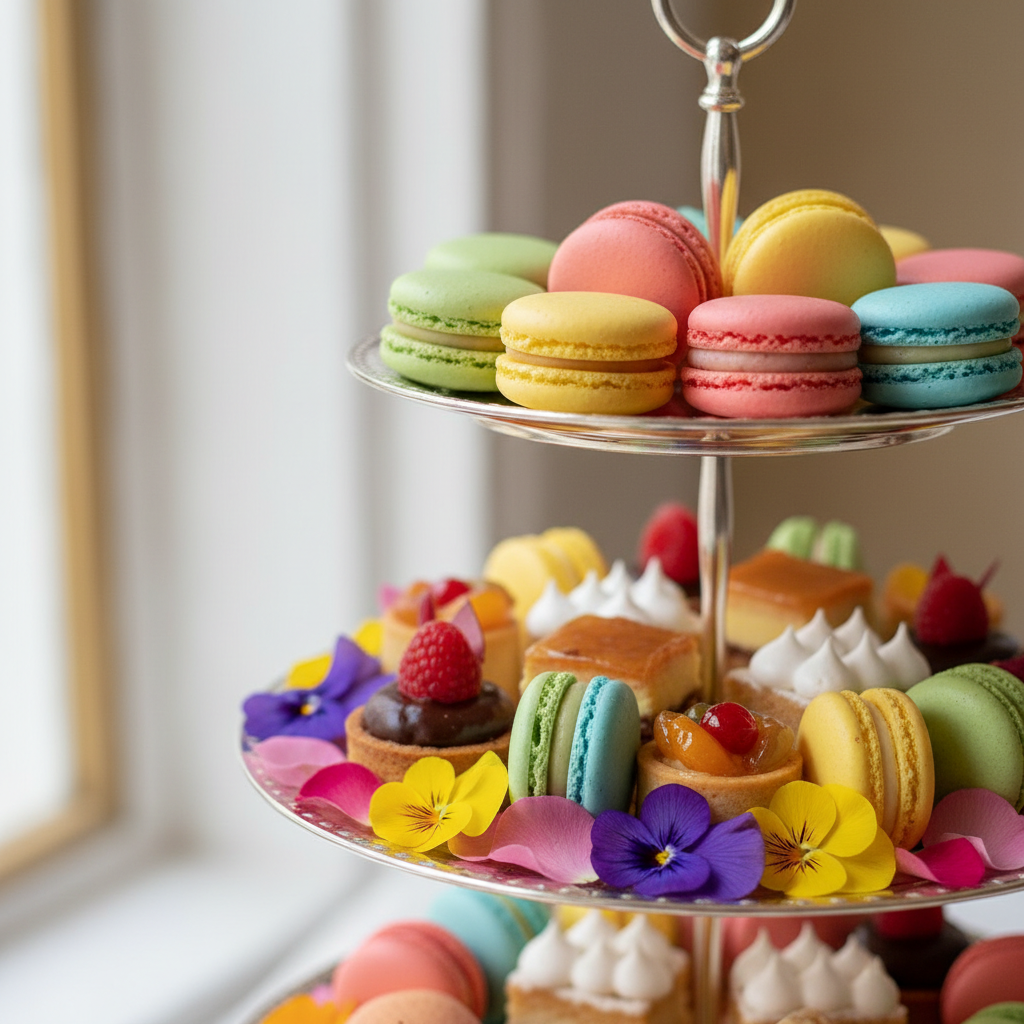 Close-up of an elegant dessert tower with macarons, petit fours and edible flowers on a tiered stand