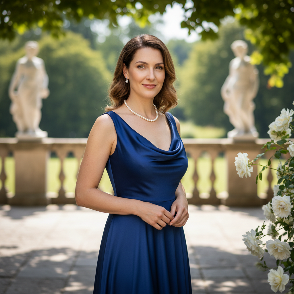 Dengeli oranlarla doğal meme büyütme sonuçlarını gösteren zarif elbiseli özgüvenli kadın