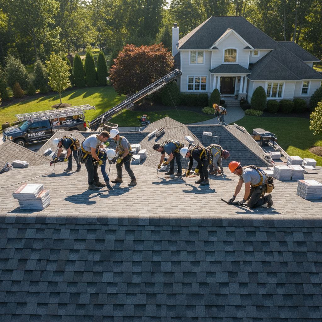 Roofing crew installing new shingles on residential home after storm damage