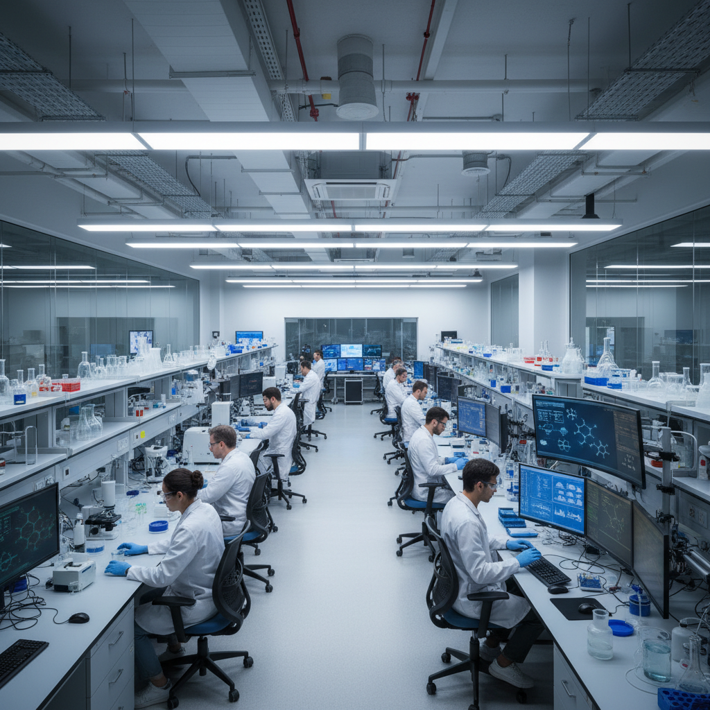 Pharmaceutical research laboratory with scientists and clinical data systems
