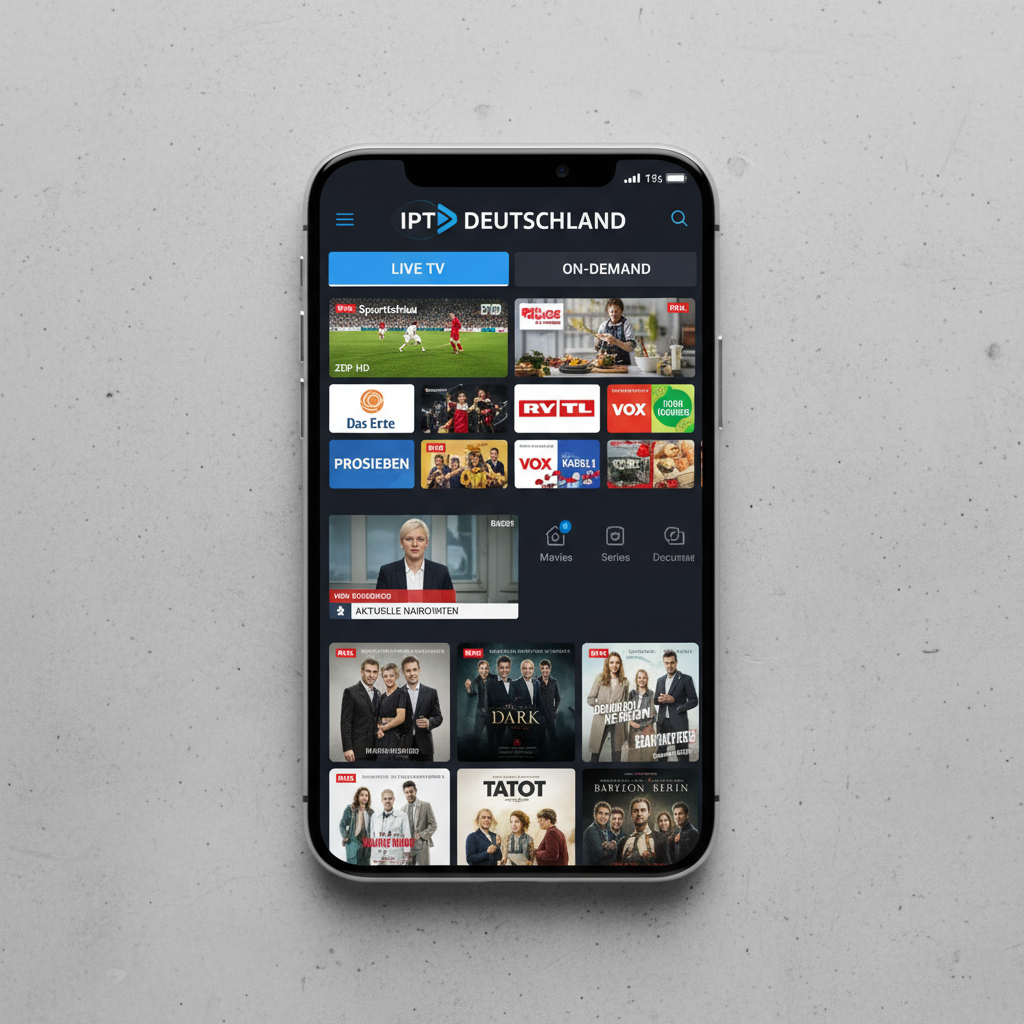 Mobile phone showing IPTV Deutschland app with live TV channels and on-demand content