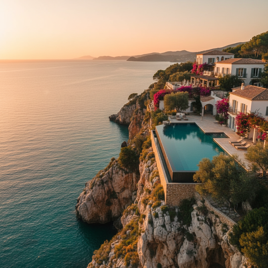 Cliffside Mediterranean estate at golden hour with infinity pool reflecting amber sky and terracotta rooftops