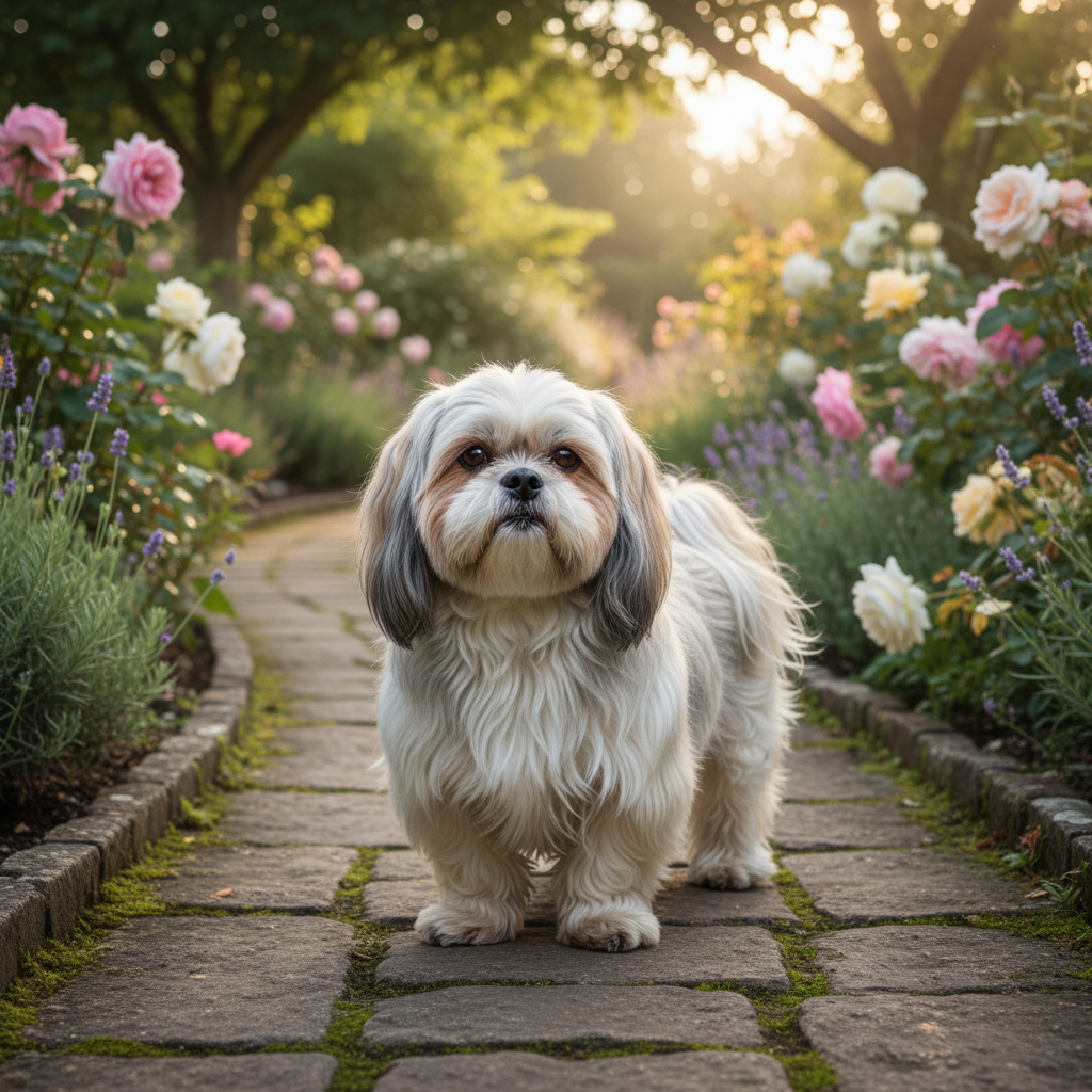 Senior Shih Tzu with silver-white fur standing on a garden path in morning light
