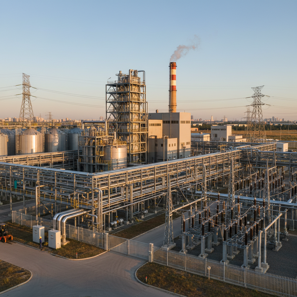 Planta industrial con tanques de almacenamiento y estructura metálica