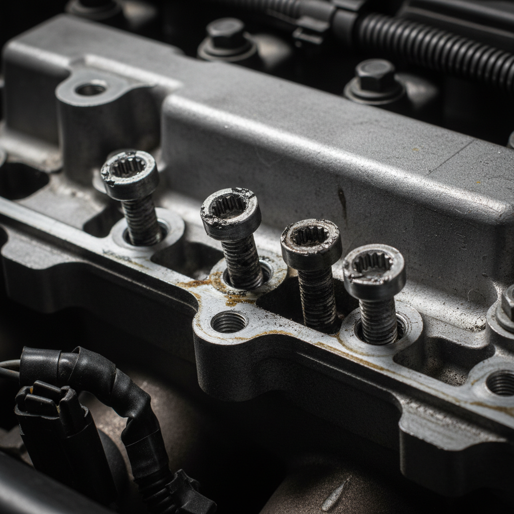 Engine bay showing loose timing cover bolts and stripped fasteners from improper installation