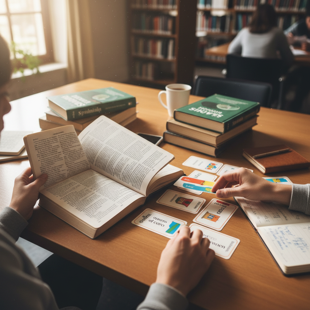 Colorful vocabulary flashcards and a Spanish language book spread on a bright desk
