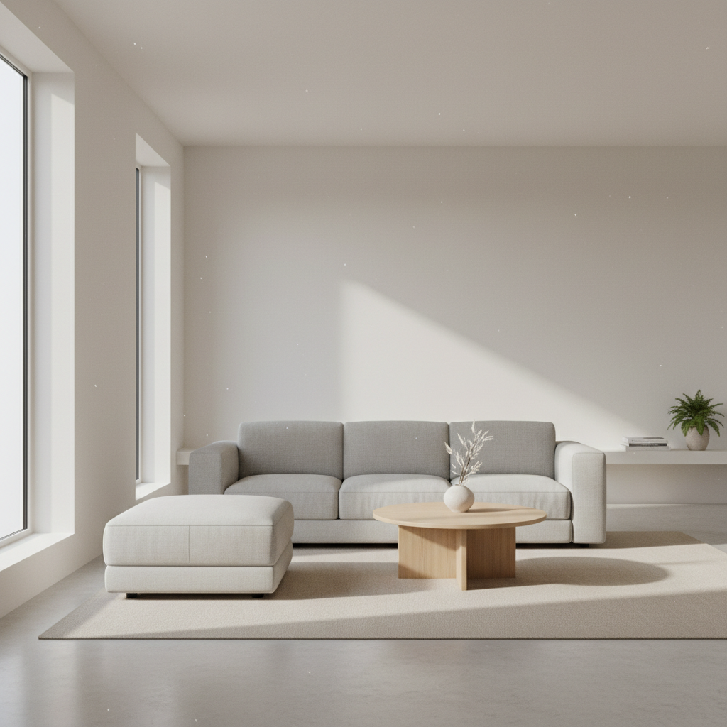 Minimalist living room with light linen sofa and wood coffee table