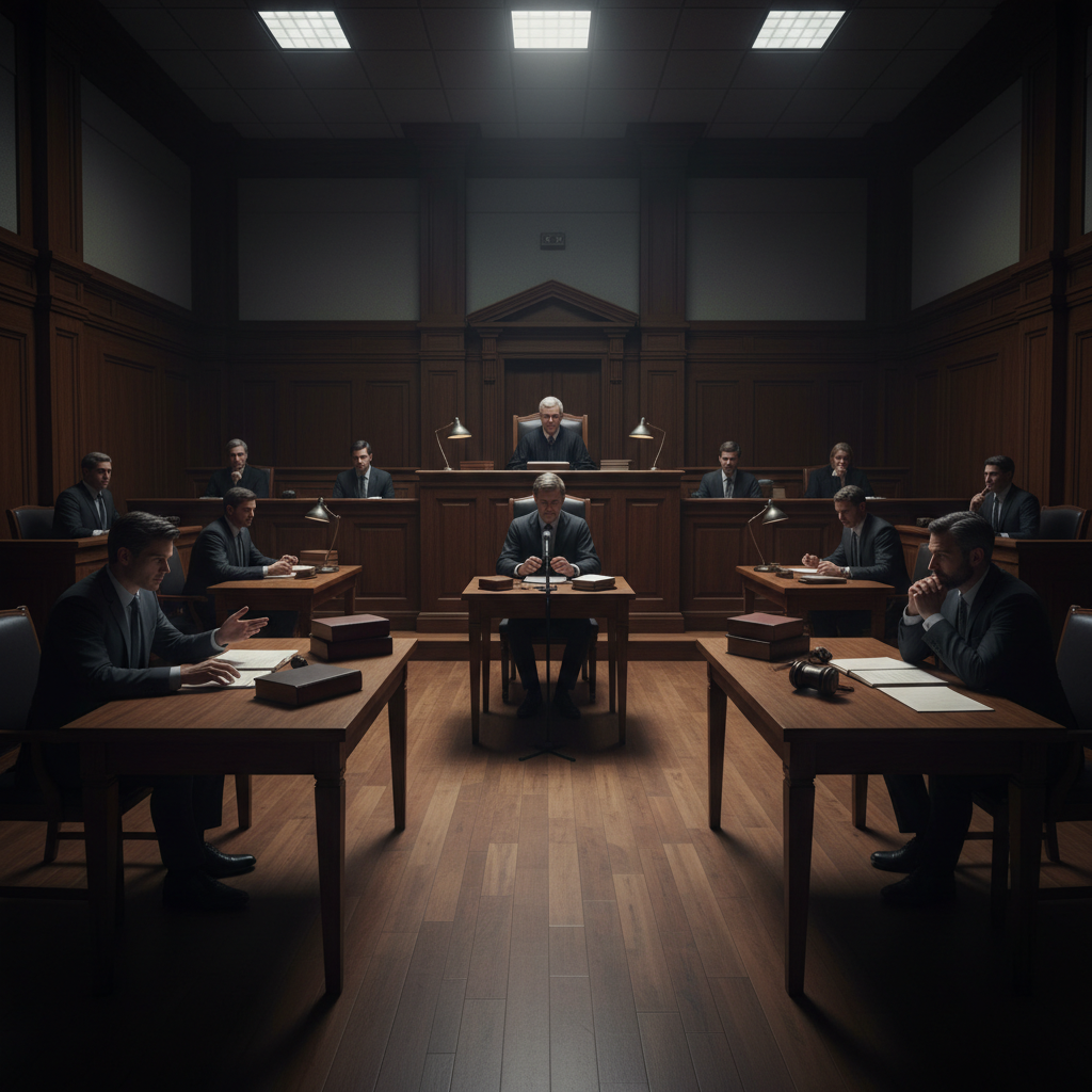Courtroom with dark wood panels, dim atmospheric lighting, dramatic shadows