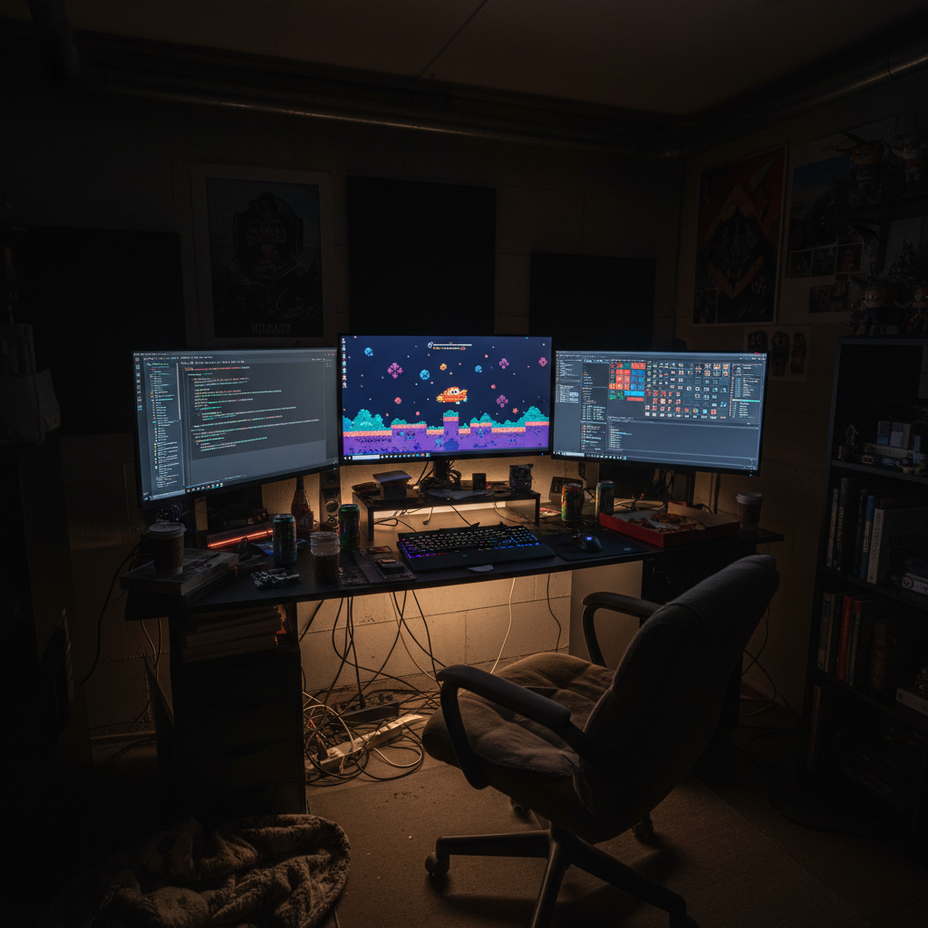 Game developer working with multiple screens showing 3D game environments in dark studio