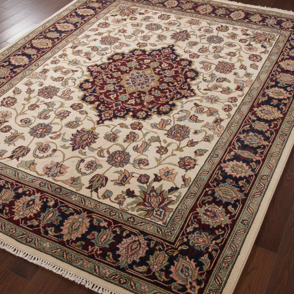 Antique-style hand-knotted carpet with intricate medallion pattern in deep burgundy and ivory tones, aged warm light