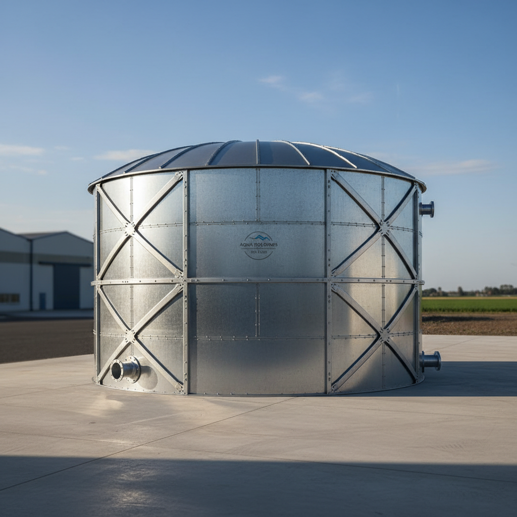Large flat sheet bolted steel water tank installation on open South African farmland, blue sky, galvanized steel panels