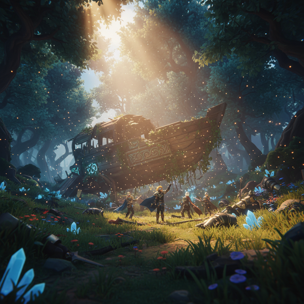 Shipped game scene fully lit with particles drifting, foliage swaying, professional lighting and post-processing