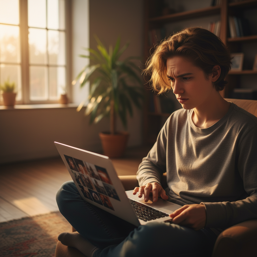 Young photographer looking at their portfolio on a laptop, uncertain expression, golden hour light from a window